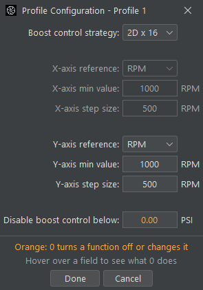 Profile Configuration settings window for the 2D x 16 boost control strategy