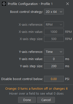 Profile Configuration settings window for the 2D x 64 boost control strategy