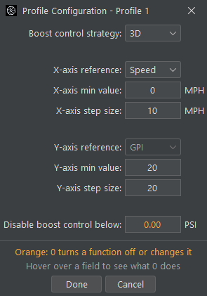 Profile Configuration settings window for the 3D boost control strategy