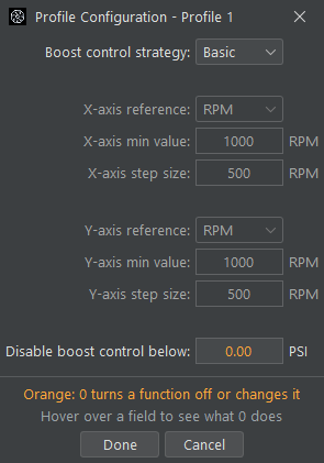 Profile Configuration settings window for the Basic boost control strategy