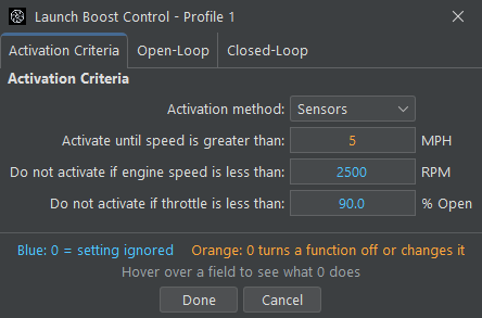 Activation settings for the Cortex EBC's Launch Boost Control function