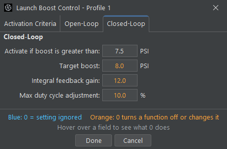 Closed-loop boost control settings for the Cortex EBC's Launch Boost Control function