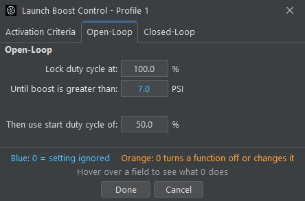 Open-loop boost control settings for the Cortex EBC's Launch Boost Control function