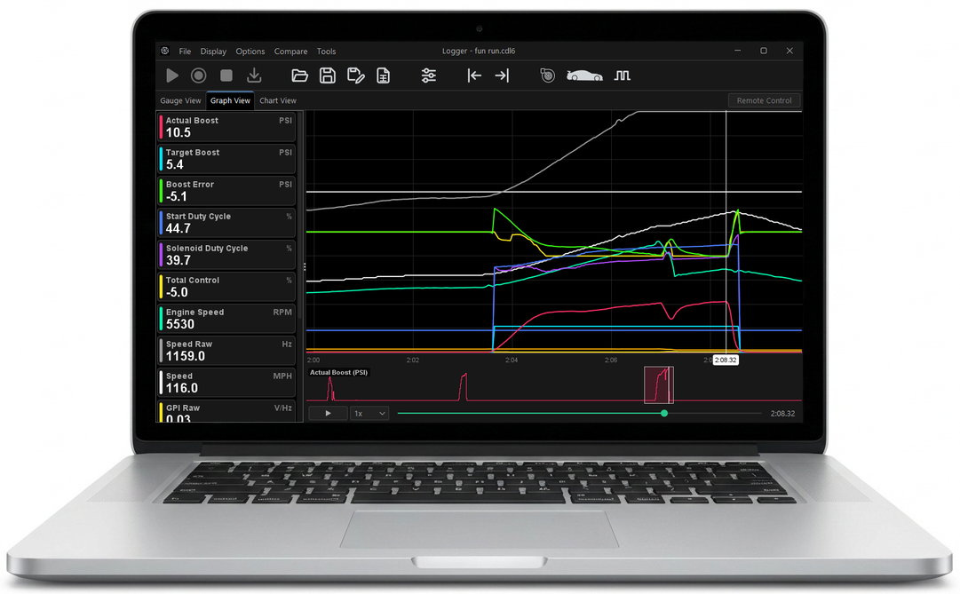 Cortex EBC Windows software interface showing real-time data logging and 3D boost mapping