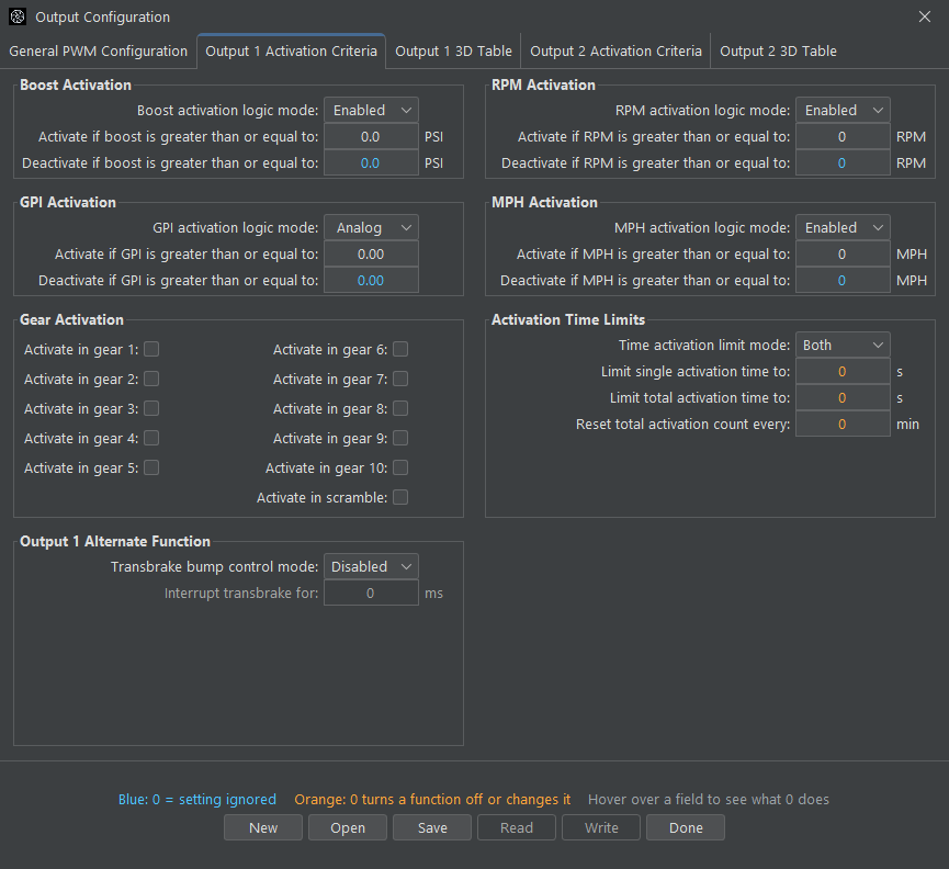 Highly configurable activation criteria settings for the auxiliary outputs