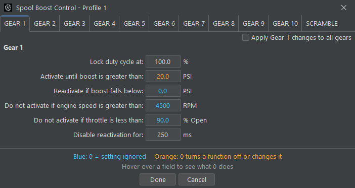 Tuning parameters for the Cortex EBC's Spool Boost Control function